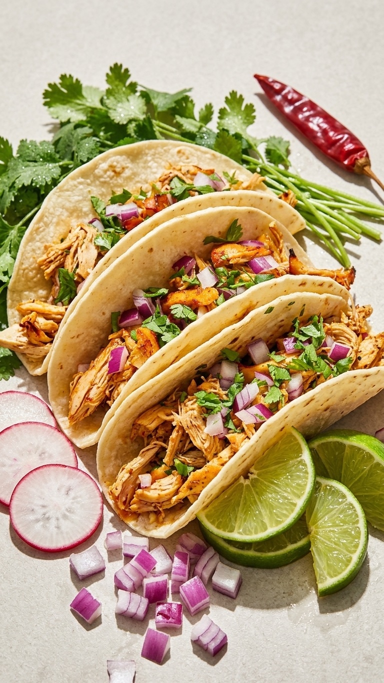 Pacific Rim Coastal catering — vibrant taco plate with chili and radish garnish