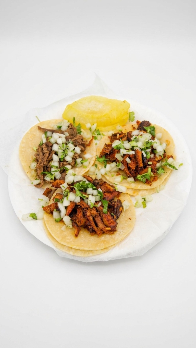 Trio of tacos plated on white linen, a course by Tony