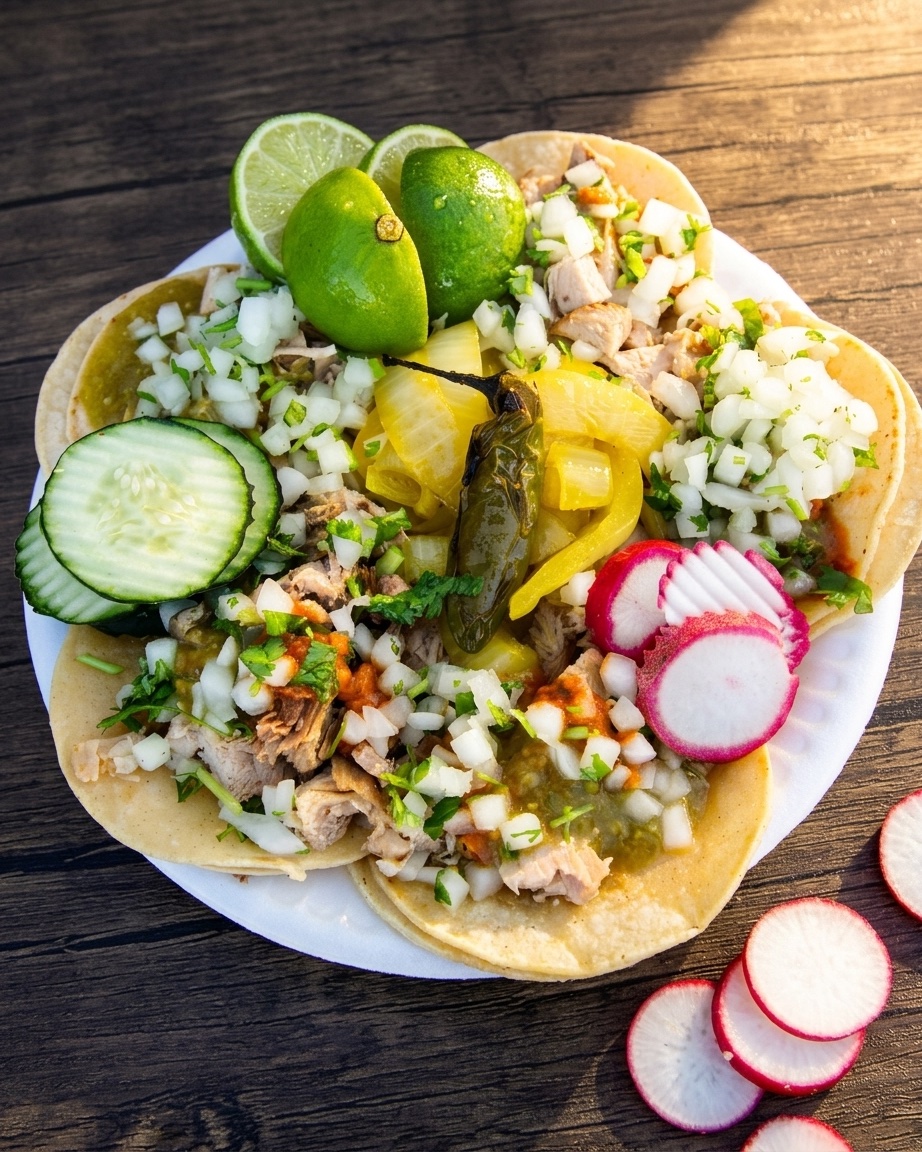 Handcrafted tostada from Taqueria 805 catering, plated on wood table